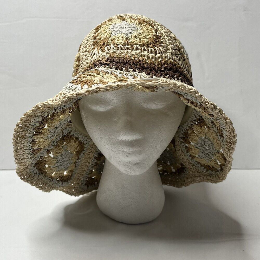 Steven Madden Granny Square Crotchet Paper Yarn Bucket Hat One Size
